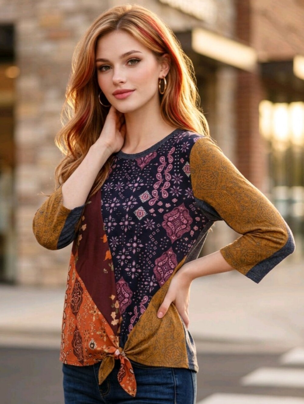 🍑Self Esteem Multicolored Patchwork Knotted Front Top Large